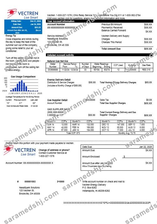 USA Ohio Vectren Energy business utility bill template in Word and PDF formats